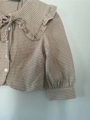 Zara Tan White Gingham Collared Puff Sleeve Top XS Cottagecore Western Farm thumbnail 4