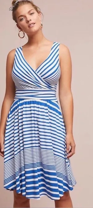 Anthropologie Maeve Blue and White Striped Sleeveless Dress thumbnail 1