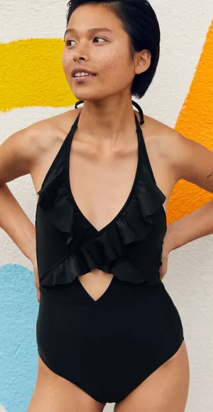 Aerie One Piece Swimsuit Size Small Ruffle Color Black Full Coverage Swimwear thumbnail 1