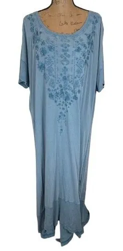 Caite Blue Embroidered Cotton Maxi Dress Short Sleeve Boho Lagenlook Size 1X thumbnail 1