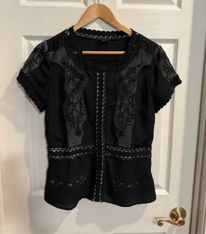 Ann Taylor Black Lace & Crochet Short Sleeve Top thumbnail 1