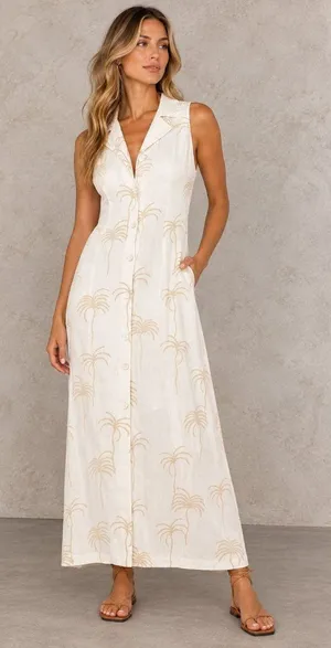 Petal & Pup Linen Blend Palm Midi Dress Size Medium thumbnail 1