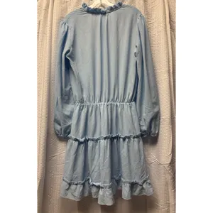 Women's Baby Blue Tiered Mini Dress Tie Front Balloon Long‎ Sleeve L thumbnail 7