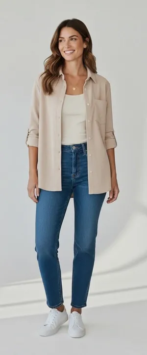 Beige Button Up Blouse Lightweight Relaxed Layering Shirt Women’s Medium thumbnail 1