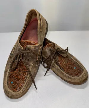 Twisted X Western Driving Moccasins Shoes Womens 8.5 M Tooled Floral Turquoise thumbnail 1
