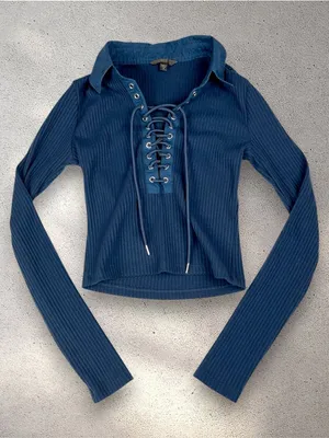 GUESS Lace-Up Collared Crop Top Women's XS Navy Ribbed Long Sleeve Y2K Cybercore thumbnail 3