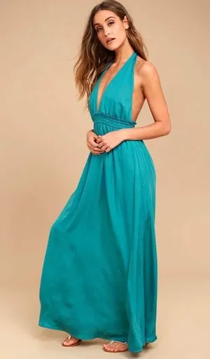 Lulus Unforgettable Night Maxi Dress XS Teal Blue Satin Halter Open Back Beach thumbnail 8