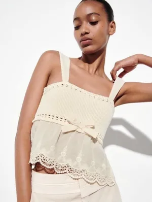 Zara Crochet Cropped Peplum Baby Doll Tank Top Cream White Size Medium thumbnail 1