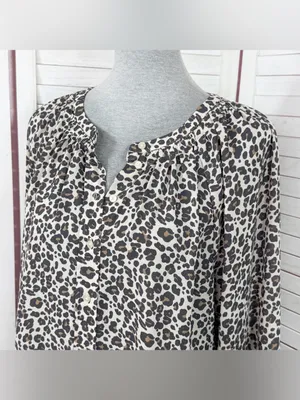 Loft Leopard Print Gathered Neck Button Up Blouse Cream Tan Large Long Sleeve thumbnail 5