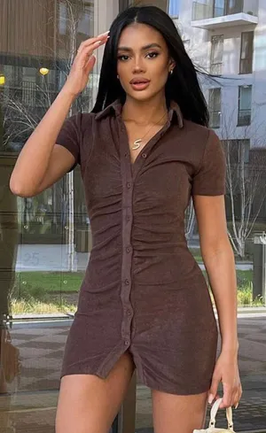 White Fox Boutique Island Escape Terry Mini Dress Chocolate thumbnail 1
