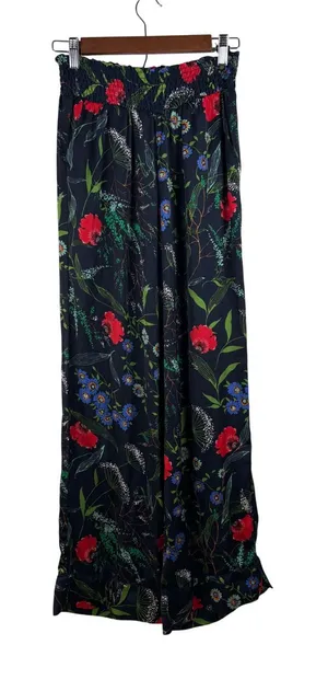 Aerie Wide Leg Pants Womens Small‎ Navy Blue Floral Smocked High Waist 3992 thumbnail 1