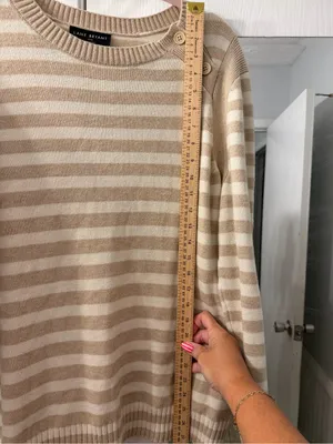Lane Bryant Cream and Tan Striped Button-Shoulder Crew Sweater thumbnail 7