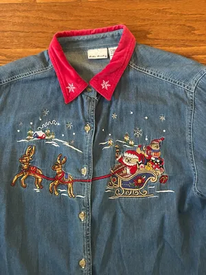 Y2K Bobbie Brooks Santa Reindeer Embroidered Denim Button-Down Shirt Size Large thumbnail 8