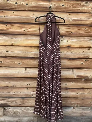 IEENA FOR MAC DUGGAL Size 10 Brown Polka Dot A-Line Halter Gown Rosette FLAWS thumbnail 13