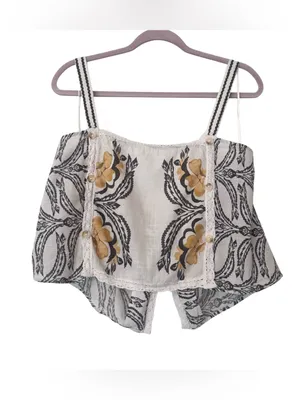Anthropologie Oversized Cotton Boho Crop Top Botanical Floral Lace Trim Large thumbnail 5