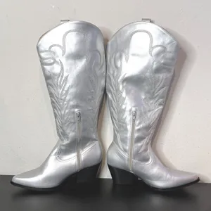 Metallic Silver Knee High Western Boots Womens 8.5 Vegan Leather Western‎ Rodeo thumbnail 4