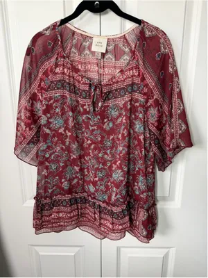 Knox Rose Blouse M Red/Maroon Blue Floral Peasant Top EUC thumbnail 1