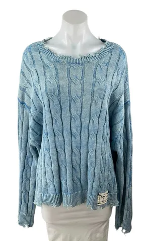 POL Women's Blue Cable Knit Distressed Long Dolman Sleeve Sweater Top Size L thumbnail 1