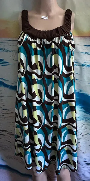 Forever Women’s Sleeveless Retro Circle Print Sundress in Teal & Brown MD thumbnail 1