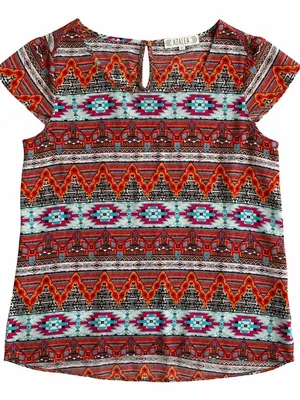 Pink Rose Multicolor Printed Boat Neck Short Sleeve Top, M thumbnail 3