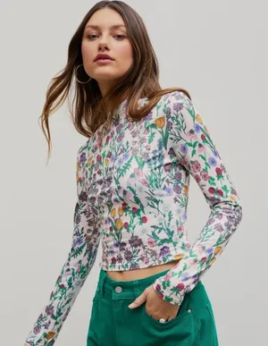 Cider Women Cream Wildflower Botanical Print Mock Neck Long Sleeve Top XL NEW thumbnail 1