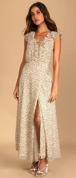 Lulus Happiest Moments Ivory Floral Lace-Up Maxi Dress Size Small New‎ thumbnail 1