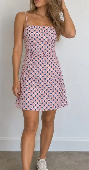 Lulus Pink Geometric Mini Dress Square Neck Size S Preppy Summer Retro Mod Y2K thumbnail 1
