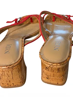 NYDJ Red Suede Cork Square Toe Thong Heeled Sandals Women's Size 7 New thumbnail 5