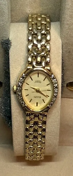 Elgin Diamond Accent Quartz Wristwatch Gold Oval Dress Analog with Box thumbnail 1