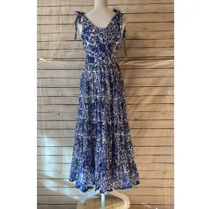 FREE PEOPLE Kikas Blue And White Floral Tie Shoulder Maxi Dress Size Medium thumbnail 15
