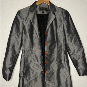 Vintage Express Silver Trench Coat Pockets Nylon Shimmer Y2K Glam Fall Small thumbnail 2