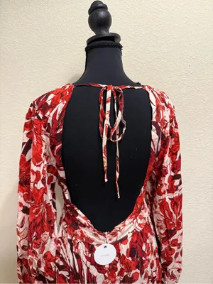 En Creme Floral Mini Dress Boho Cottagecore Open Back Plunge Long Sleeve M thumbnail 7