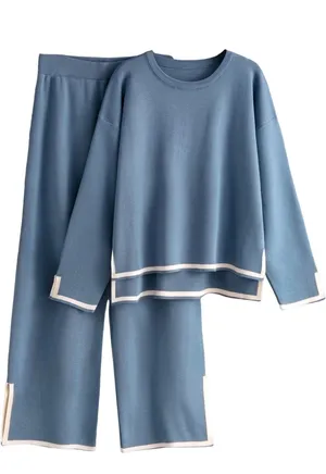 2 Piece Long Sleeve Knit Sweater Lounge Set Blue Size XS thumbnail 1