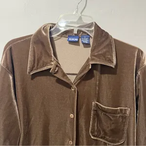 Vintage Honors Small Brown Velvet Button Down Shirt‎ Y2K Soft Vamp Retro Lounge thumbnail 4