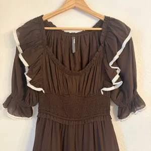 Anthropologie Puff Sleeve Scoop Neck Tiered Maxi‎ Dress S Cottage Ruffle Smocked thumbnail 3