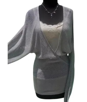 Cache Knit Silver Metallic Peek A Boo Faux Wrap Top New Banded Bottom $98 NWT thumbnail 2