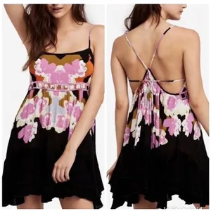 Free People Mini Dress Womens‎ Small Black Pink Floral Mirror Boho Festival thumbnail 4