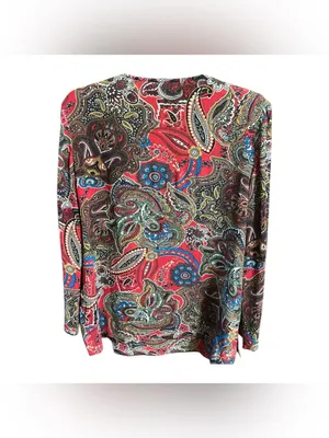 Vtg Y2K Chico’s Paisley Beaded Embellished Silk Blouse V-Neck Long Sleeve Red 1 thumbnail 6