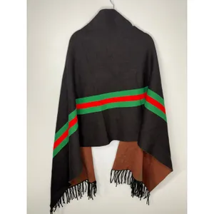 Source Unknown Fringe Shawl Red Green Stripes Black One Size Fall Stylish Wrap thumbnail 2
