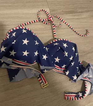 Navy Star Bandeau Bikini Top with Red & White Trim thumbnail 1