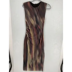 Zara Womens Midi Dress Abstract Print Ruched Mesh Sleeveless Brown Medium thumbnail 2