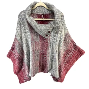 Free People Willow Poncho‎ Womens S Red Gray Knit Turtleneck Oversized Cozy Boho thumbnail 2