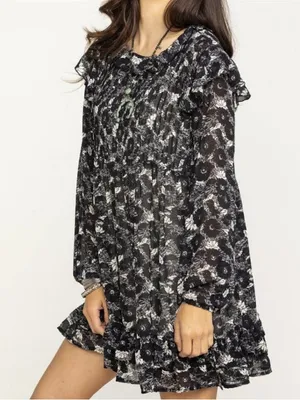 NWT Free People Black and White sheer babydoll long sleeve Floral DRESS thumbnail 6