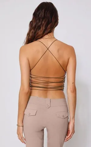 Tiger Mist Khaki Satin Jules Strappy Tube Crop Top thumbnail 10