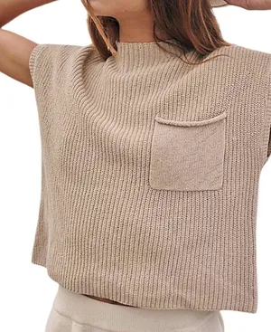 Women Knit Trendy Top Sleeveless Solid Color Ribbed Vest small thumbnail 1