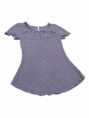 Free People Ribbed Striped V-Neck Tee Blue Tan Stretch Fitted Top Women’s S thumbnail 3