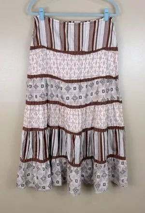 Vtg Central Falls Co Brown Crochet Trim Tiered Maxi Skirt Medium Peasant Prairie thumbnail 1