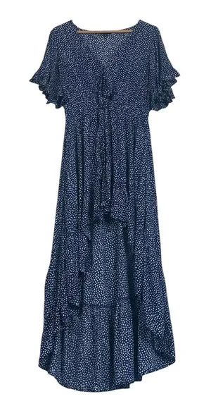 Express High Low Maxi Dress Womens M‎ Navy Blue Polka Dot Tie Front Cottagecore thumbnail 1