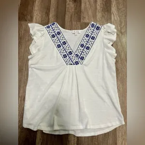 Anneliese Women's XL White‎ Embroidered V-Neck Flutter Sleeve Boho Blouse thumbnail 4