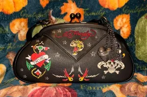 Ed Hardy Y2K Tattoo Embroidered Rhinestone Mini Handbag Purse Black NWT thumbnail 1